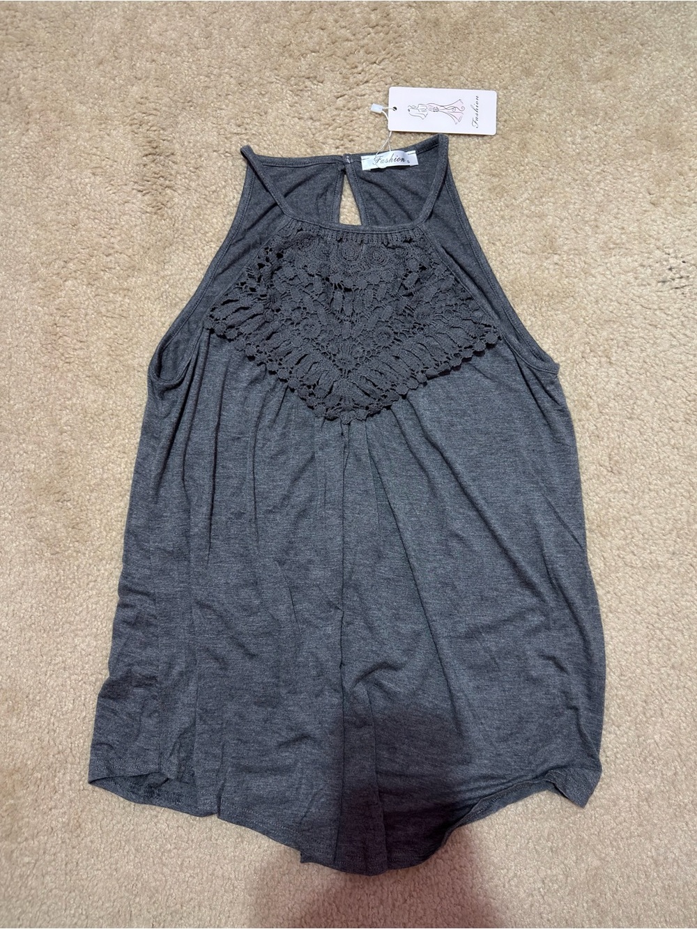 NWT Boutique Lace High Neck Tank Top | Gray | Flowy Fit